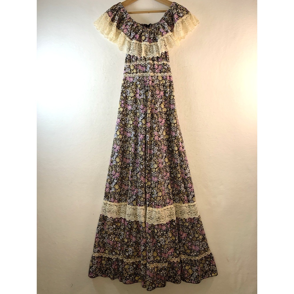 VTG 70s Montgomery Ward Womens Off Shoulder Prairie Maxi Dress Floral‎ Cottage
